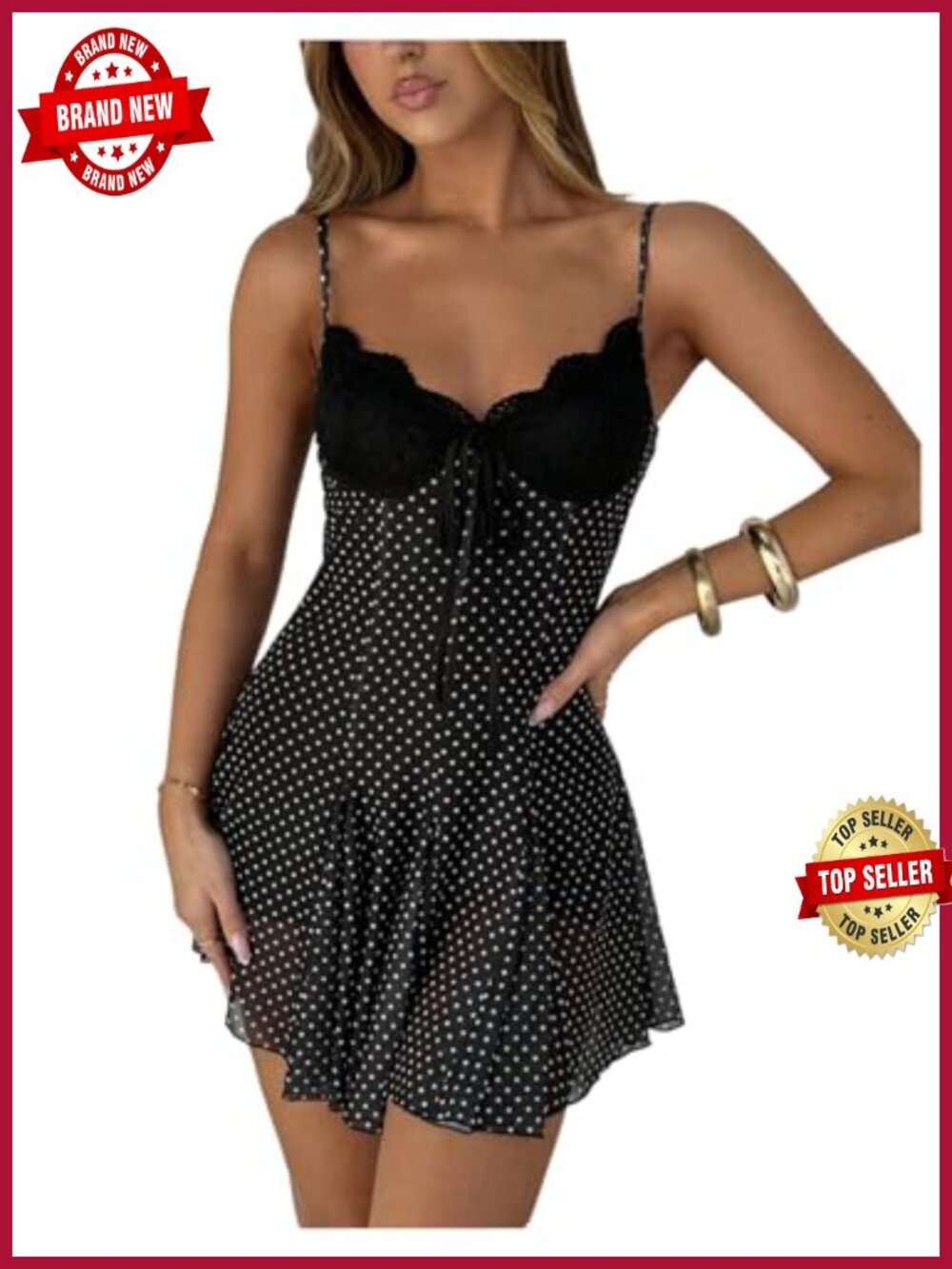 Y2K Polka Dots Mini Dress Sleeveless Deep V Neck A Line Summer Casual